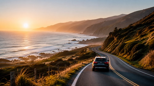 Car driving on an open road, protected by comprehensive vehicle insurance in New Zealand